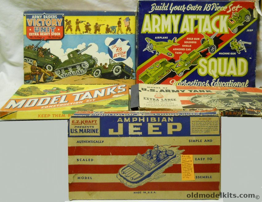  5 Paper Models / All Metal Products 521 Army Attack Squad Set / Built Right Toys Army Raiders Victory Unit / Samuel Lowe 1267 Model Tanks / Ace Whitman US Army Tank / EZ Craft Amphibian Jeep plastic model kit
