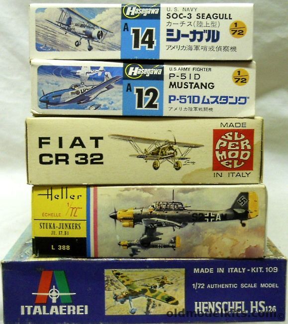 Hasegawa 1/72 SOC-3 Seagull / P-51D Mustang / Supermodel Fiat CR-32 / Heller Ju-87 Stuka / Italaerei Henschel HS-126 plastic model kit