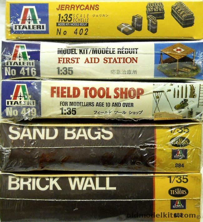 Italeri 1/35 Jerry Cans / First Aid Station / Field Tool Shop / Testors Sand Bags / Testors Brick Wall, 402 plastic model kit