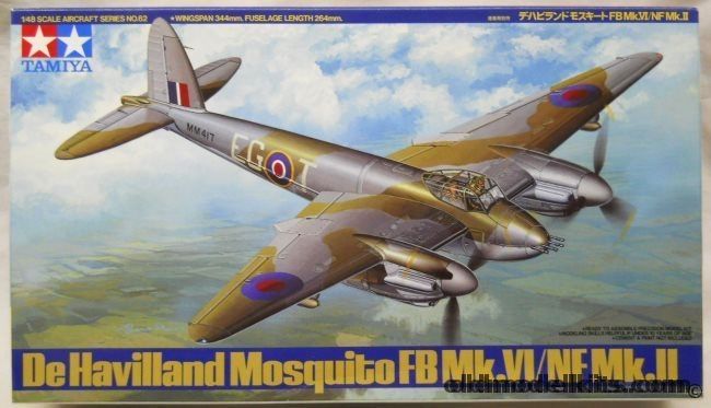 Tamiya 1/48 DeHavilland Mosquito FB Mk.VI/NF Mk.11 - With FastFrames Mask Set - RAF No. 143 Sq / No. 157 Sq / No. 487 Sq, 61062 plastic model kit