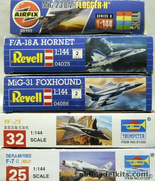Airfix 1/144 Mig-23 BN Flogger H / Revell F/A-18 Hornet And Mig-31 Foxhound / Trumpeter Northrop YF-23 And Mig-21, 00102 plastic model kit