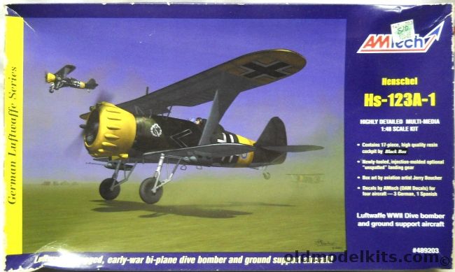 Amtech 1/28 Henschel Hs-123 A-1 - Luftwaffe 3./JG165 'Immelmann' 1937 / 5./LG2 Belgium 1940 / FFS Schule (A/B) 71 Moravia 1941 / 4./SchG2 Eastern Front 1942 / Spanish Air Force 61st Sq 1945 - (Hs123A1), 489203 plastic model kit