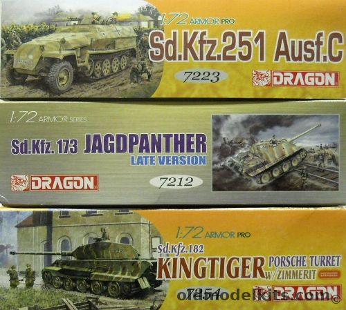 Dragon 1/72 Sd.Kfz.251 Ausf.C / Sd.Kfz.173 Jagdpanther Late Version / King Tiger Porsche Turret With Zimmerit, 7223 plastic model kit