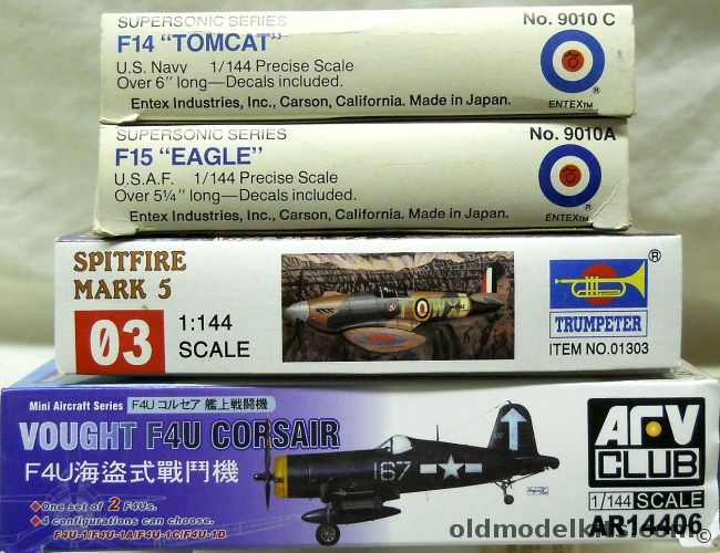 Entex 1/144 F-14A Tomcat / F-15 Eagle /  Trumpeter Spitfire MkV / AFV Club TWO F4U Corsair, 9010C plastic model kit