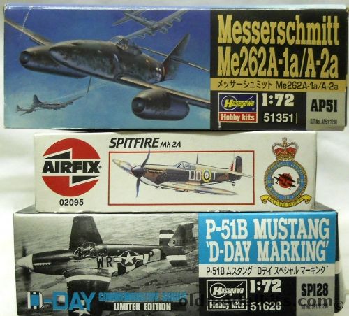 Hasegawa 1/72 Messerschmitt Me-262 A-1a/A-2a / Airfix Spitfire Mk.2A Battle Of Britain Issue / Hasegawa SP128 P-51B Mustang D-Day Markings, AP51 plastic model kit