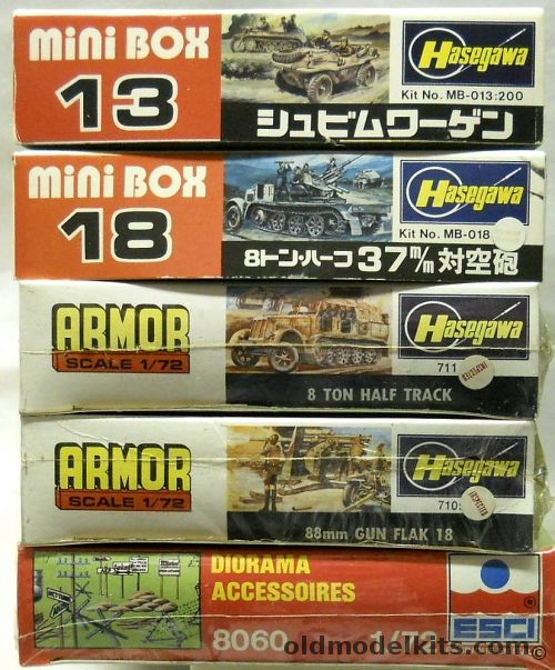 Hasegawa 1/72 Schwimmwagen and Kettenkrad / Sd.Kfz.7/2 37mm AA Half Track / Sd.Kfz.7 8 Ton Half Track / 88mm Gun Flak 18 / ESCI Diorama Accessoriers, MB-013-200 plastic model kit