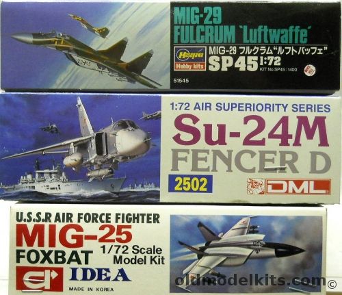 Hasegawa 1/72 Mig-29 Fulcrum Luftwaffe / DML Su-24M Fencer / Idea Mig-25 Foxbat, SP45 plastic model kit