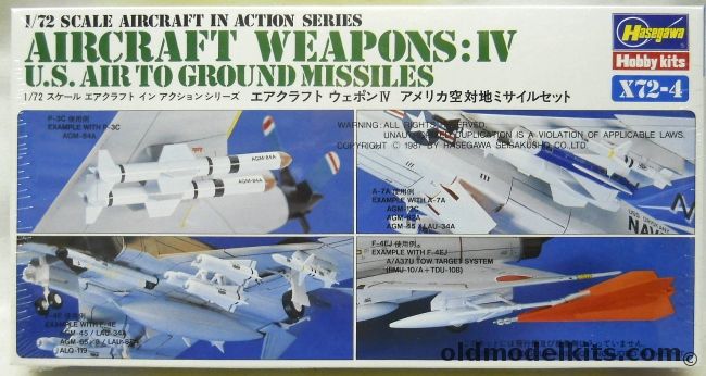 Hasegawa 1/72 Aircraft Weapons IV US Air To Ground Missiles - AGM-84A Harpoon / AGM-12C / AGM-62A / AGM-45 LAU-34A / AGM-65 / LAU-88A / ALQ-119 / A/A37U Tow Target System RMU-10/A Plus TDU-10B / AGM-12B / AGM-78  And More, X72-4 plastic model kit