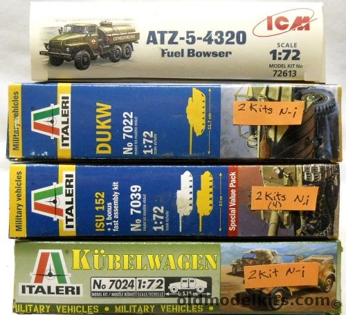 Italeri 1/72 TWO DUKW / TWO (Really Four) ISU-152 / TWO Kubelwagen / ICM ATZ-5320 Fuel Bowser, 7022 plastic model kit