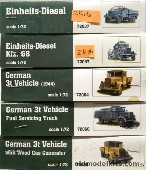 MAC Distribution 1/72 TWO Einheitz-Diesel Trucks / TWO Einheits-Diesel Kfz.68 / German 3t Vehicle 1944 / German 3t Vehicle Fuel Servicing Truck / German 3t Vehicle With Wood Gas Generator, 72037 plastic model kit
