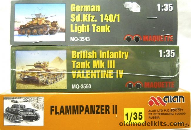 Maquette 1/35 Aufklarungspanzer German Sd.Kfz. 140/1 Light Tank And British Infantry Tank MkIII Valentine IV And Flammpanzer II, MQ3543 plastic model kit