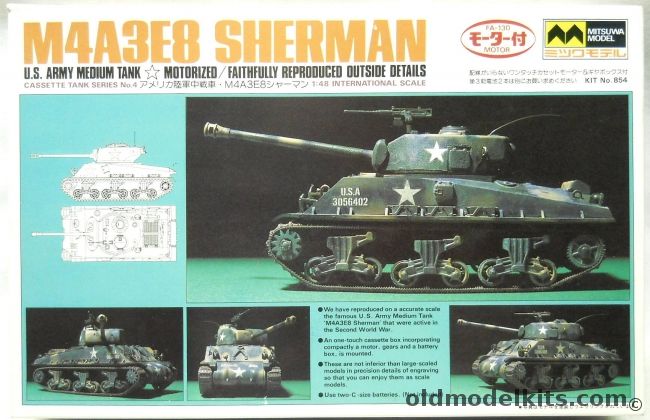 Mitsuwa 1/48 M4A3E8 Sherman - Motorized, 854 plastic model kit
