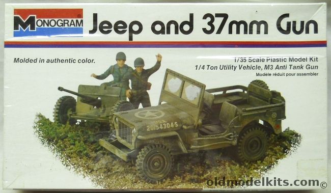 Monogram 1/35 US Army Military Jeep with M3-37mm Gun and 3 GIs - White Box Issue, 8211 plastic model kit
