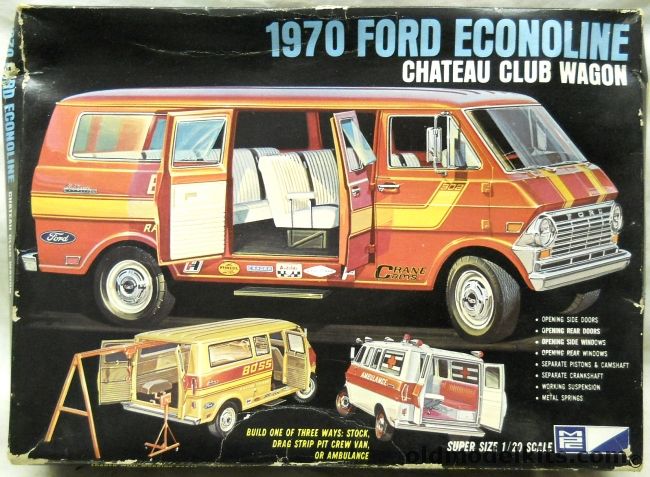 MPC 1/20 1970 Ford Econoline Van - Chateau Club Wagon / Ambulance / Drag Strip Pit Crew Van / Stock, 3370 plastic model kit