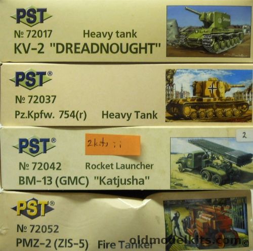 PST 1/72 KV-2 Dreadnouht Heavy Tank / Pz.Kpfw. 754(r) Heavy Tank / TWO BM-13 (GMC) Katjusha Rocket Launcher / PMZ-2 (ZIS-5) Fire Tanker, 72017 plastic model kit