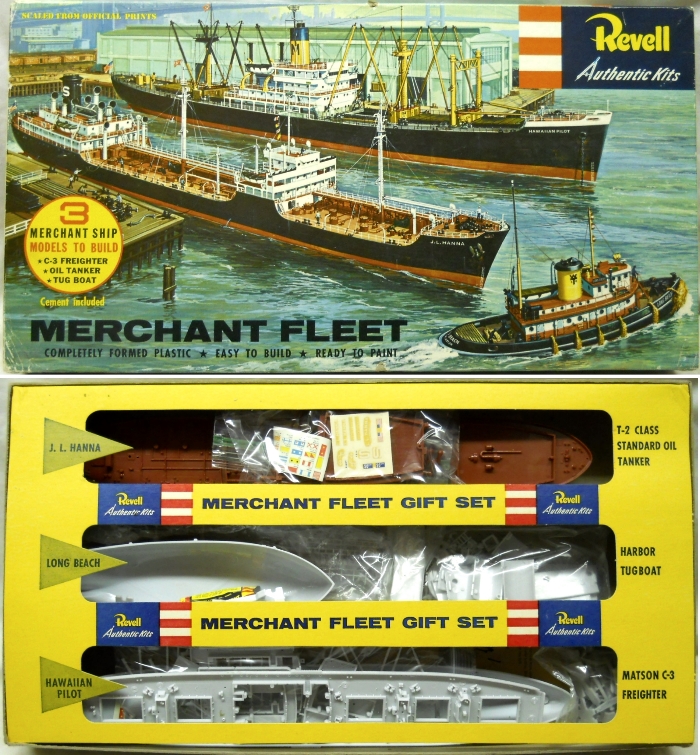 Revell Merchant Fleet Gift C3 Freighter Hawaiian Pilot / Standard Oil T-2 Tanker J.L. Hanna  / Harbor Tug Long Beach, G332-495 plastic model kit