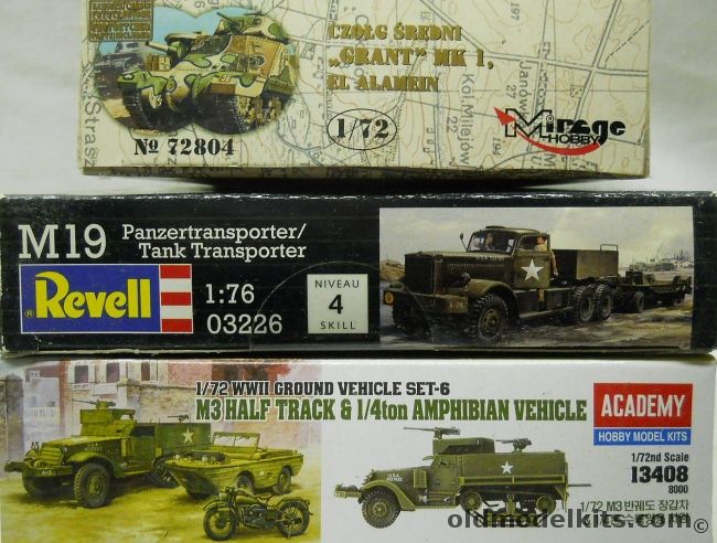 Revell 1/76 M-19 Tank Transporter And Trailer / Mirage Grant Mk.1 El Alemein / Academy M3 Half Track / 1/4 Ton Amphibian / Motorcycle, 03226 plastic model kit
