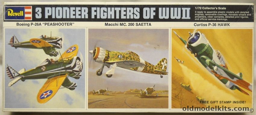 Revell 1/72 3 Pioneer Fighters of WWII / Boeing P-26A Peashooter / Macchi MC.200 Saetta / Curtiss P-36 Hawk - With Gift Stamps and Stamp Booklet, H677-130 plastic model kit