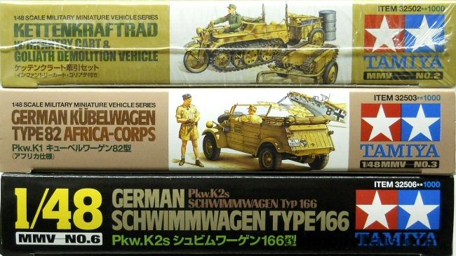 Tamiya 1/48 Kettenkraftrad With Infantry Cart And Goliath / Kubelwagen Type 82 Afrika Korps / Schwimmwagen Type 166, 32502 plastic model kit