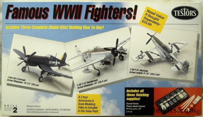 Testors 1/48 Famous WWII Fighters - F4U-4 Corsair / P-51D Mustang P-47 Thunderbolt - With Paint / Glue / Modeling Video, 4053 plastic model kit