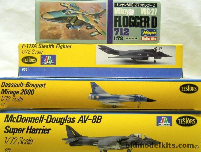 Testors 1/72 F-117A Stealth Fighter / Mirage 2000 / AV-8B Super Harrier / Hasegawa Mig-27 Flogger D, 654 plastic model kit