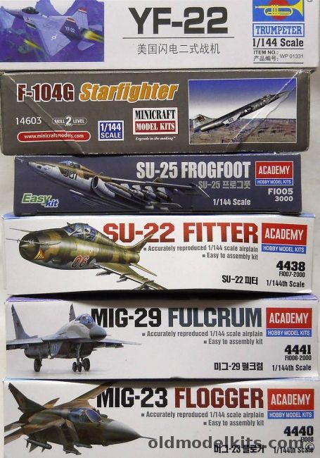 Trumpeter 1/144 YF-22 / Minicraft F-104G Starfighter / Academy Su-25 Frogfoot / Su-22 Fitter / Mig-29 Fulcrum / Mig-23 Flogger, WP01331 plastic model kit