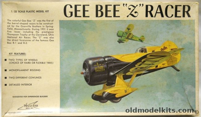 Williams Brothers 1/32 Gee Bee Z Racer - 1931 Thompson Trophy Winner - Wasp Jr or Wasp Sr. Aircraft, 32-426 plastic model kit