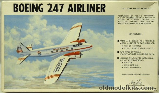 Williams Brothers 1/72 Boeing 247 Airliner - Roscoe Turner Racer or United Air Lines, 72-247 plastic model kit