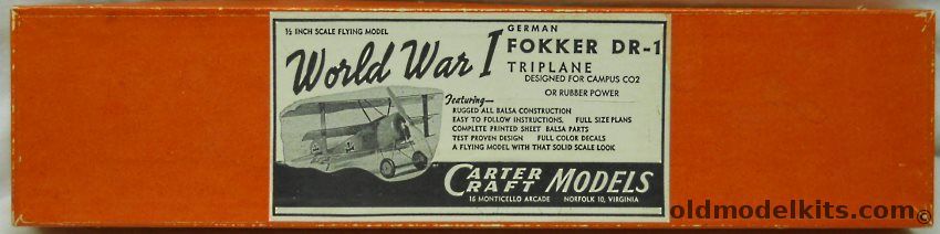 Carter Craft 1/24 Fokker DR-1 Triplane - 12 Inch Wingspan Flying Aircraft For Rubber Power or CO2 Engine plastic model kit