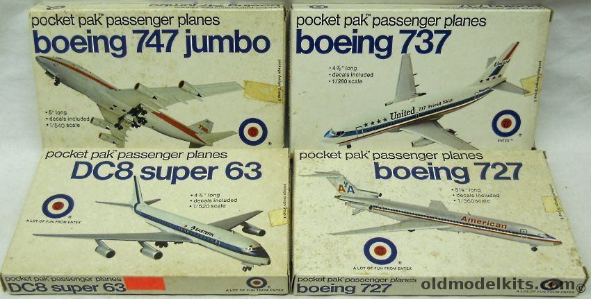 Entex Pocket Pak Passenger Planes 737 / 727 / 747 / DC-8 Super 63 plastic model kit