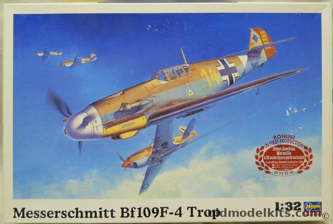 Hasegawa 1/32 Messerschmitt Bf-109 F-4 Trop With MDC Resin and PE Cockpit / Resin Wheel Set / Eduard PE Frets / Eagle Strike Marseille Decals / Moskit Exhaust / Aires Wheel bays / Waldron Ammo Counter / Professionally Painted Marseille Figure - (Bf109F4), ST31 plastic model kit