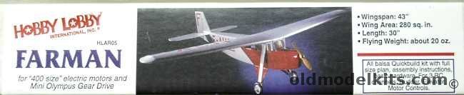 Hobby Lobby Farman - 43 Inch Wingspan R/C Aircraft, HLAR05 plastic model kit