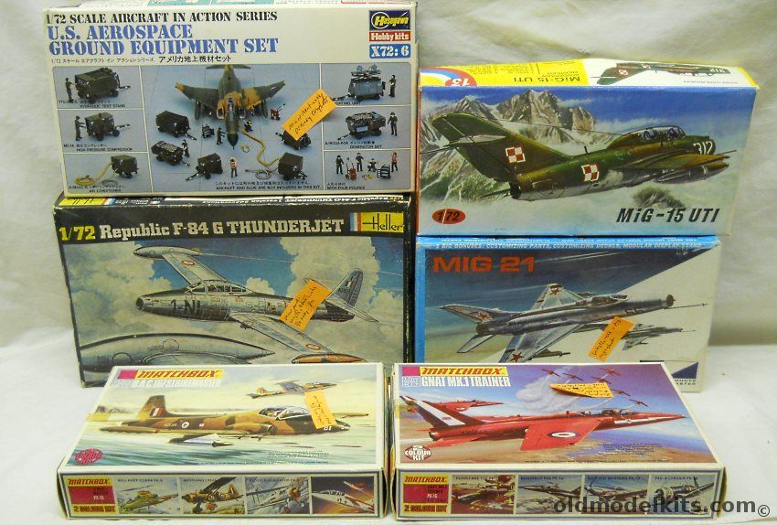  1/72 Matchbox Gnat Mk.1 Trainer / Matchbox BAC Strikemaster / MPC Mig-21 (ex-Airfix) / Heller F-84G Thunderjet / KP Mig-15 UTI / Hasegawa US Aerospace Ground Equipment Set plastic model kit