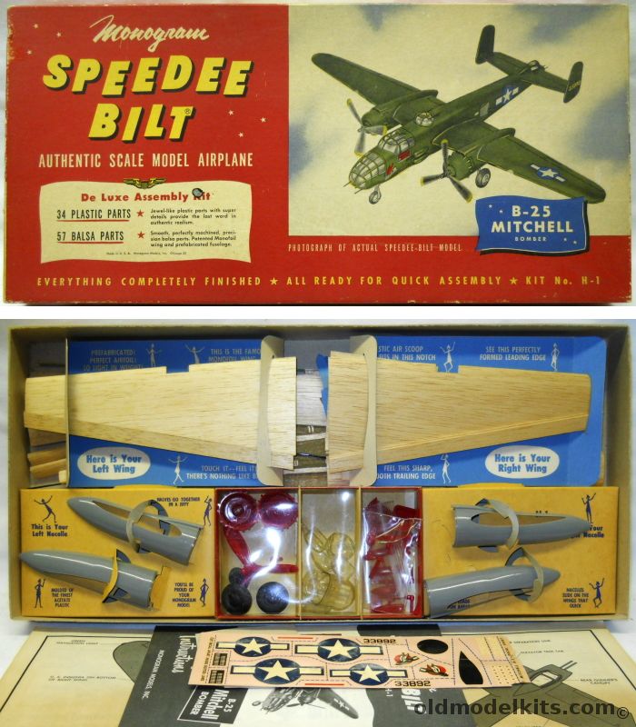 Monogram Speedee Bilt B-25 Mitchell - Wood and Plastic Model Aircraft, H-1 plastic model kit