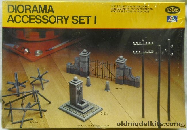 Testors 1/35 Diorama Accessory Set I - Barricades / Village Fountain / Park Gate / 12 Telegraph Poles, 881 plastic model kit