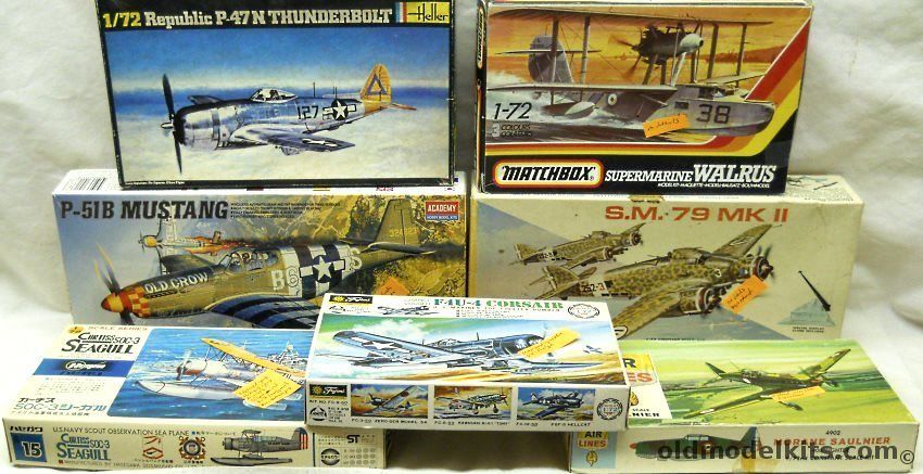  1/72 Matchbox Walrus / Hasegawa SOC-3 Seagull / Fujimi F4U-4 Corsair / Air Lines Saulnier (ex-Frog) / Heller P-47N Thunderbolt / Academy P-51B Mustang / MPC SM-79 Mk II plastic model kit