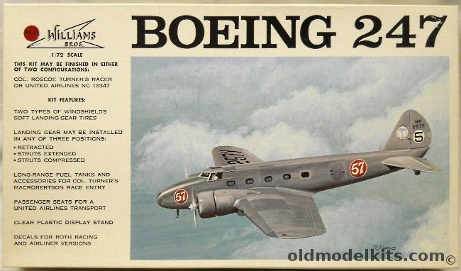 Williams Brothers 1/72 Boeing 247 - Roscoe Turner Racer or United Air Lines, 72-247 plastic model kit