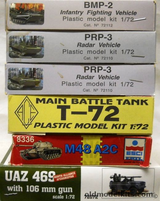 Ace 1/72 BMP-2 / TWO PRP-3 Radar Vehicle / T72 Main Battle Tank / ESCI M48 A2C /  MAC Distribution UAZ 469 With 106mm Gun, 72112 plastic model kit