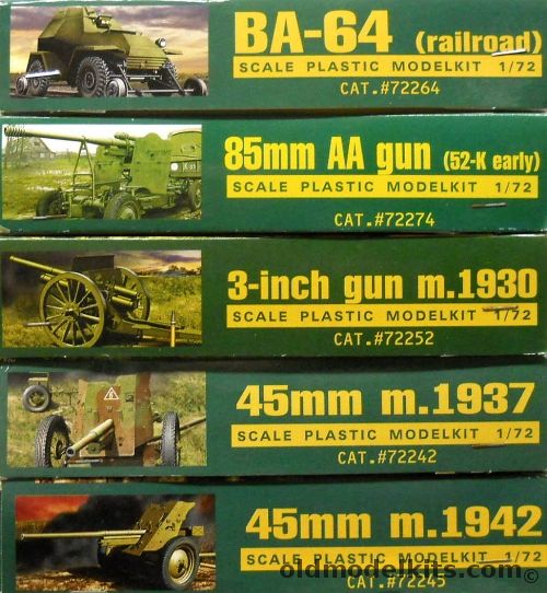 Ace 1/72 BA-64 Armored Car Railway Version / 85mm AA gun (52-K Early 1939) / 3 Inch Field Gun 1930 / 45mm Anti-Tank Gun 1937 / 45mm Anti-Tank Gun 1942, 72264 plastic model kit