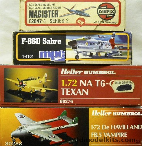Airfix 1/72 Fouga Magister / MPC F-86D Sabre / Heller T-6G Texan / Heller Vampire FB.5, 02047-5 plastic model kit