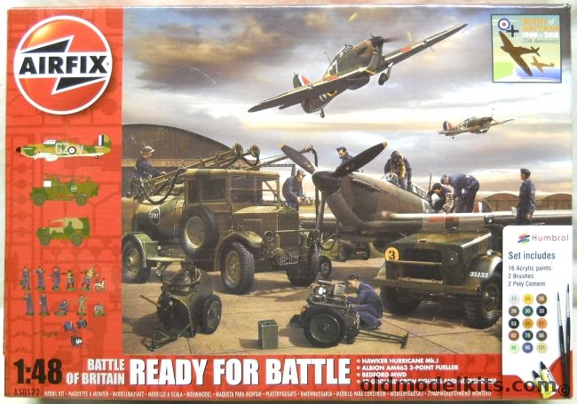 Airfix 1/48 Battle of Britain Ready For Battle - Hurricane Mk1 / Albion AM463 3-Point Fueller / Bedford MWD / 10 Ground Crew And Accessories, A50172 plastic model kit