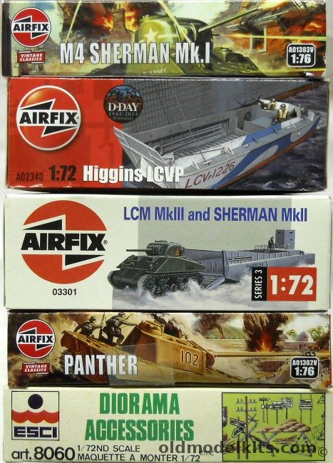 Airfix 1/72 M4 Sherman MkI / Higgins LCVP / LCM MkIII And Sherman MkII / Panther Tank / ESCI Diorama Accesories, A01303V plastic model kit