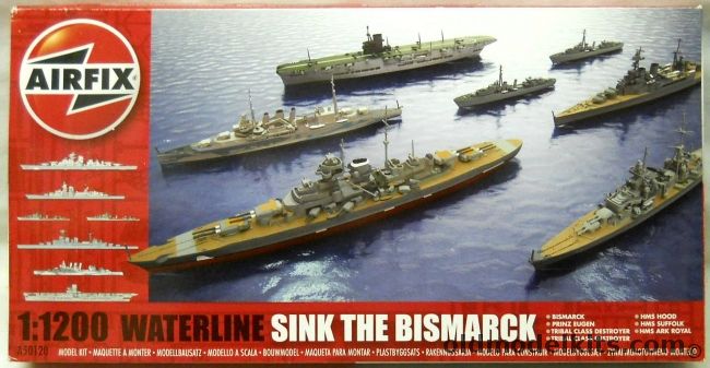 Airfix 1/1200 Sink The Bismarck Waterline HMS Ark Royal / HMS Suffolk / HMS Hood / TWO Tribal Class Destroyer / Prinz Eugen / Bismarck, A50120 plastic model kit