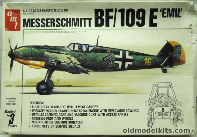 AMT-Matchbox 1/32 Messerschmitt Bf-109 E3/4 Emil - Adolf Galland JG26 / Slovakian Air Force JG52 1942 / 3/4 JG2 Richthofen France 1940 - (ex Matchbox), 7202 plastic model kit