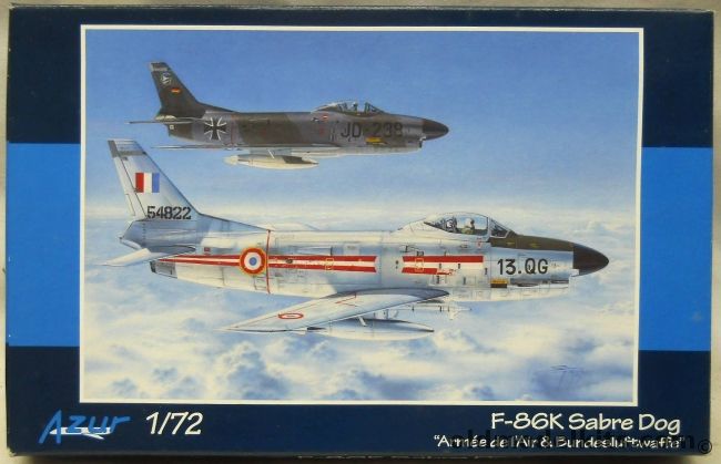 Azur 1/72 F-86K Sabre Dog - French Air Force Colmar Air Base France 1960 / French Air Force Hahn AFB Germany 1960 / Luftwaffe 3/WaSLw Oldenburg AB Germany 1960 / M. Lnz 2./JG 74 Neuburg AB Germany 1963/64, A092 plastic model kit