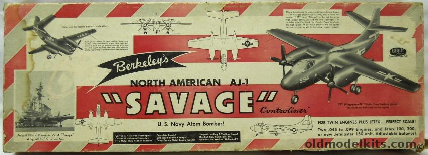 Berkeley 1/32 North American AJ-1 Savage Navy Bomber - Twin Gas Engines Plus Jetex Engine 27 Inch Wingspan Flying Aircraft plastic model kit
