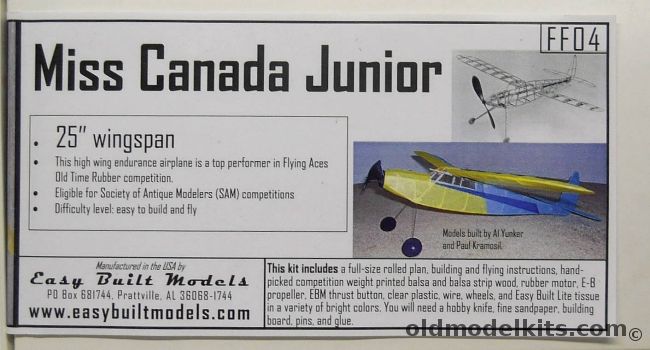 Easy Built Models Miss Canada Junior - 25 Inch Wingspan for Free Flight -  (Red Box Issue), FF04 plastic model kit