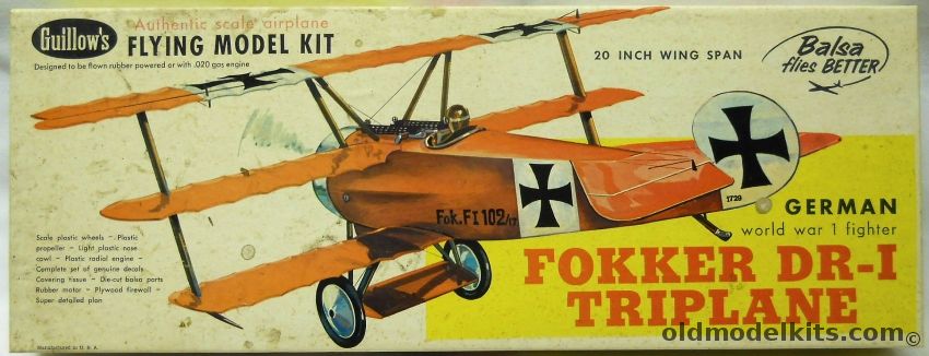 Guillows Fokker DR-I Triplane - 20 inch Wingspan for Free Flight or R/C Conversion - (DR1), 204 plastic model kit