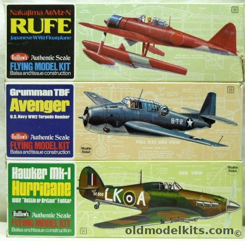 Guillows Avenger TBF Torpedo Bomber 16.5 Inch Wingspan / 507 Nakajima A6M2-N Rufe 16 inch WS / 906 Hawker Hurrican 16.5 Inch WS - Flying Balsa Wood Aircraft, 509 plastic model kit