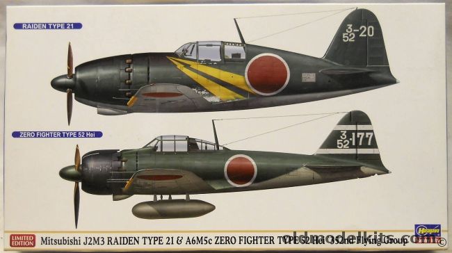 Hasegawa 1/72 Mitsubishi J2M3 Raiden Type 21 And A6M5c Zero Fighter Type 52 Hei 352nd Flying Group - 2 Kit Combo, 01989 plastic model kit